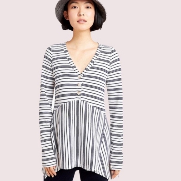 Anthropologie Maeve Black & White Eliza Baby Doll Henley Top M - Picture 2 of 7